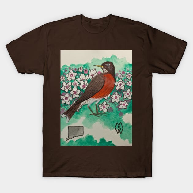 Connecticut state bird and flower, the robin and mountain laurel T-Shirt by Matt Starr Fine Art